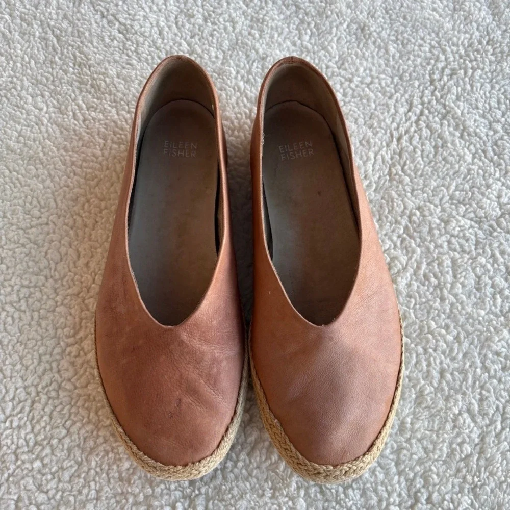 Eileen Fisher Tour Tan Leather Espadrille Flats Women's 8.5 Jute Slip On‎ Shoes